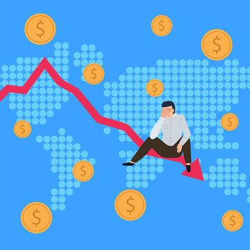 Upset man sits on falling arrow, failed statistics diagram, company bankruptcy, decrease in profits financial problem. Businessman doing report with data. Business analytics graph, strategy planning