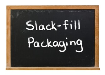 Obraz premium Slack-fill packaging written in white chalk on a black chalkboard isolated on white