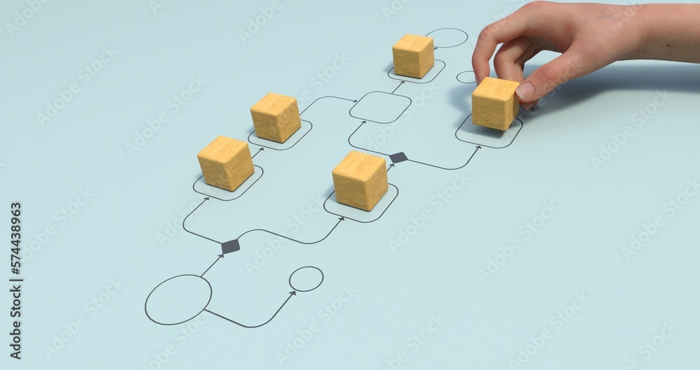 Poster business process management and automation concept with person moving wooden pieces on flowchart dia