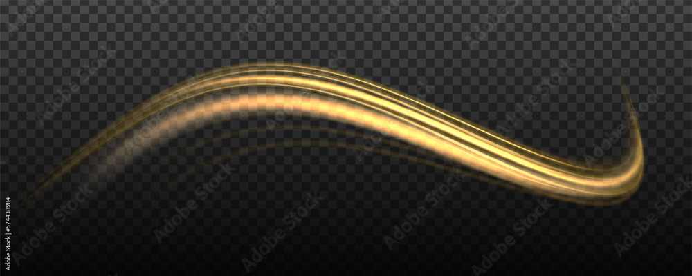Leinwandbilder glittering wavy trail. golden glowing shiny spiral lines effect. curved yellow line light. swirling 