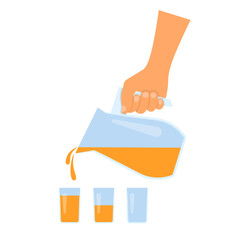 Hand pouring orange juice from jug in glasses. Full and emplty glasses, jar of beverage isolated on white background