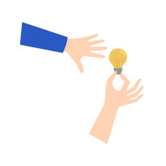 One hand holds bulb light. Other hand wants to take lamp bulb. Business idea solutions, teamwork and strategy concept. Vector illustration isolated on white
