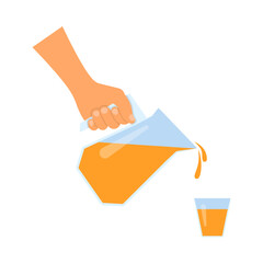 Hand pouring orange juice from jug in glass. Vector llustration isolated on white background. Flat style