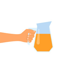 Hand holding jug with orange juice isolated on white background