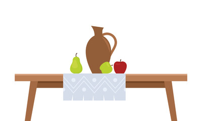 Fruits on the table, apples, pear, wine jug isolated on white. Vector illustration in flat style