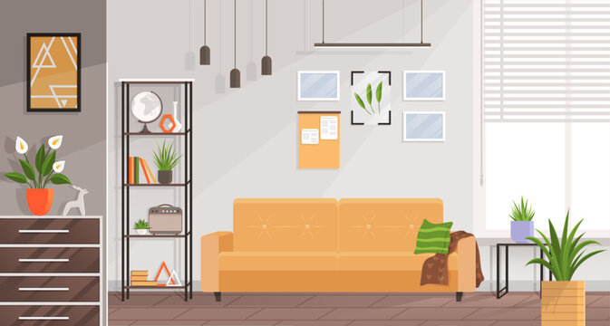 Interior design living room. Furniture in regular home with no people. Green houseplants in pots and pictures in frames on wall shelf, sofa, chest of drawers, interior elements of room