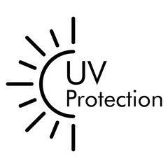 Vacaciones de verano. Crema solar. Logotipo con silueta de sol lineal con texto UV Protection