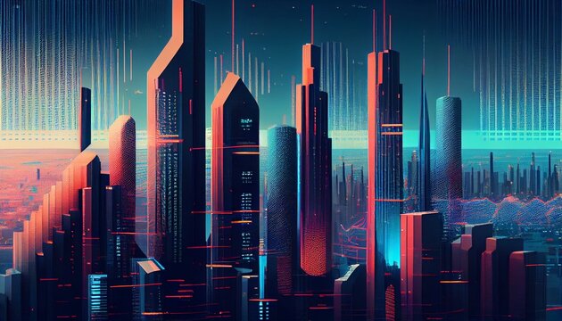 A futuristic cityscape with tall skyscrapers and holographic financial data displayed on the buildings AI Generated