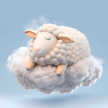 3d cute dreamy sheep sleeping on a flying cloud. Generative AI