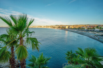 Amazing view on Nice in morning . Several people swimming on ling distance in Mediterranena SEa