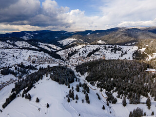 Fototapeta na wymiar Aerial view of Rhodope Mountains around village of Stoykite, Bulgaria