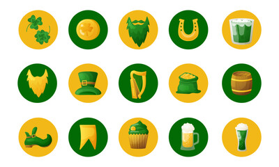 Set of elements for St. Patrick's Day. Good luck symbols. Green hats, boot, horseshoes, clover, harp