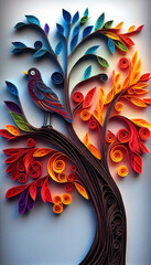 Abstract beautiful colorful bird sitting on tree in quilling art technique. Generative AI.