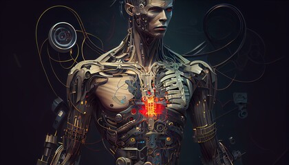 A detailed illustration of a cyborg with intricate mechanical parts and circuitry AI Generated