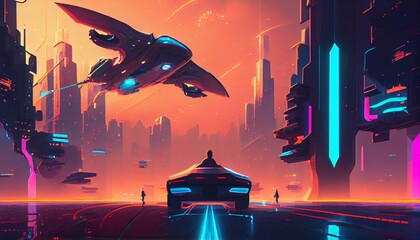 A futuristic cityscape with flying cars and neon lights AI Generated