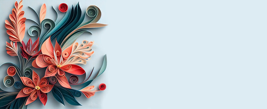 Abstract bouquet of colorful flowers in quilling art technique. Banner with copy space. Generative AI.