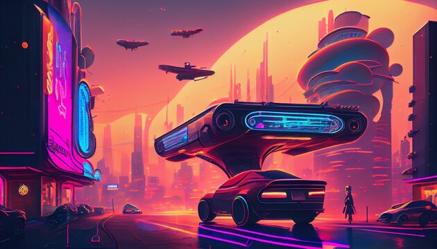 A futuristic cityscape with flying cars and neon lights AI Generated