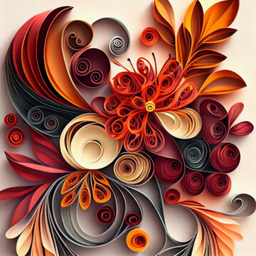 Abstract bouquet of flowers pattern in quilling art technique. Generative AI.