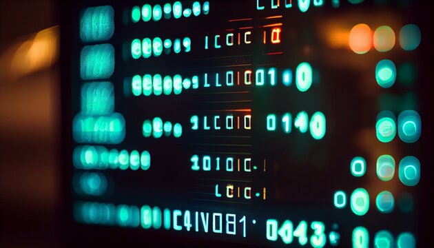 A close-up of a glowing computer screen with binary code scrolling in the background AI Generated