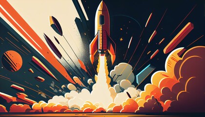 A stylized illustration of a rocket blasting off, representing technology's progress and innovation AI Generated