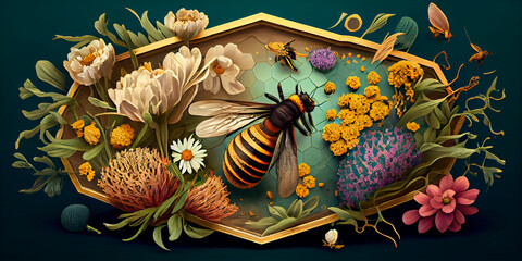 Bee Honey Comb Inspired Art with Flowers and Hexagonal Patterns. generative ai