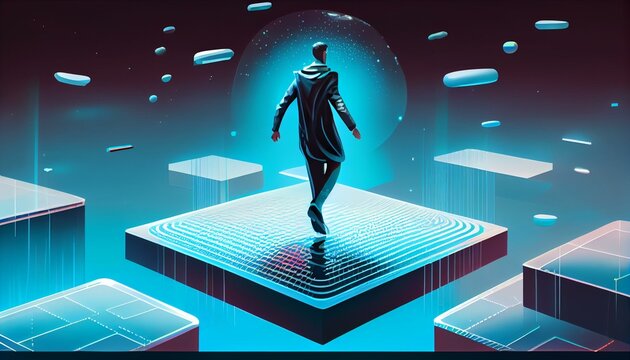 An illustration of a person walking on a floating platform with holographic screens and data surrounding them AI Generated