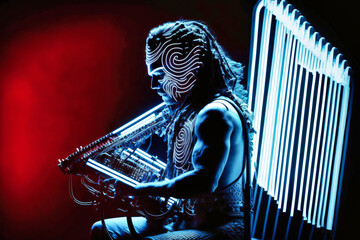 A cyborg playing a futuristic laser harp - generative ai