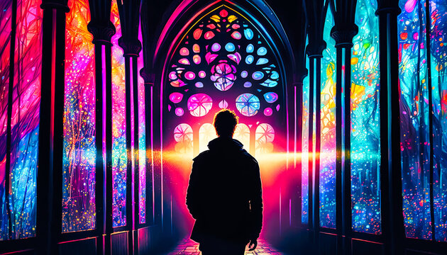 Silhouette of a man in a colorful cathedral of light - generative ai