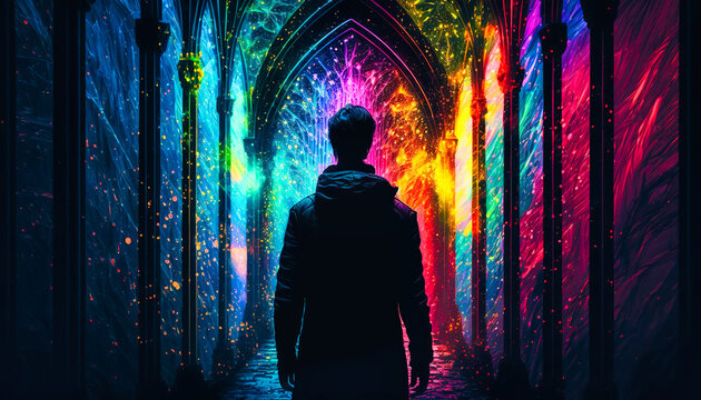Silhouette of a man in a colorful cathedral of light - generative ai