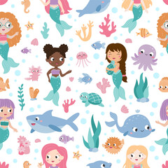 Seamless pattern with cute mermaids, sea animals and fish, seaweeds, corals. Kawaii cartoon characters. Fairy tale. Flat style. Vector illustration.