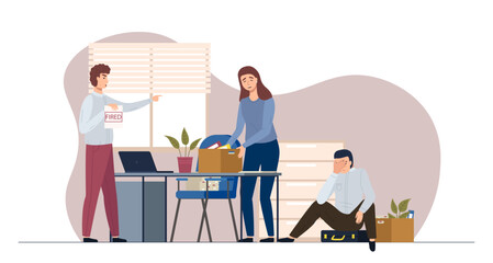 Dismissal employee. Fired sad female office worker carrying box, Unemployment and Jobless concept. Dismisses woman leaves workplace. Angry boss yelling at sad girl collects personal belongings in box