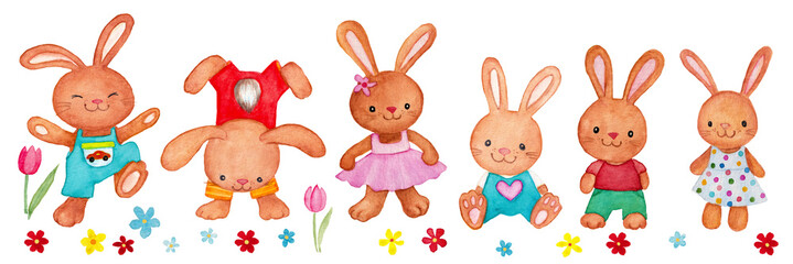Set of cute Easter bunnies and flowers on white background. Isolated watercolor illustration.