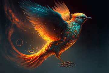Fototapeta premium Phoenix bird with wings on fire. Mythological folklore spiritual creature. Ai generated
