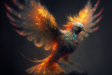 Phoenix bird with wings on fire. Mythological folklore spiritual creature. Ai generated