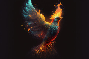 Phoenix bird with wings on fire. Mythological folklore spiritual creature. Ai generated