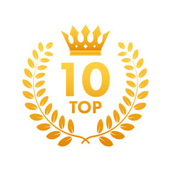 Top 10 label. Golden laurel wreath icon. Vector stock illustration.