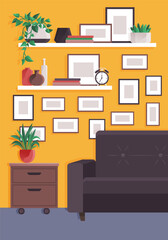 Interior design living room. Furniture in regular home with no people. Green houseplants in pots and pictures in frames on wall shelf, sofa, chest of drawers, interior elements on yellow background