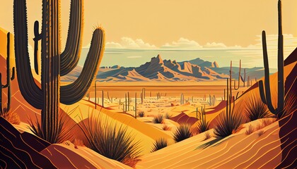 An illustration of a desert landscape with a cactus and sand dunes AI Generated