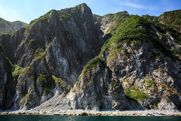 Texture rocks with greenery in the Pacific Ocean, horns, rocks. Kamchatka.