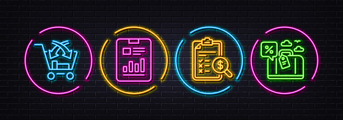 Accounting report, Report document and Cross sell minimal line icons. Neon laser 3d lights. Travel loan icons. For web, application, printing. Check finance, Page with charts, Market retail. Vector
