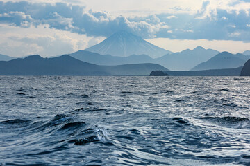 Pacific Ocean, Volcano and mountains, Kamchatka, nature, blue water.