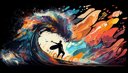 An abstract illustration of a person surfing on a big wave, with dynamic and colorful energy AI Generated