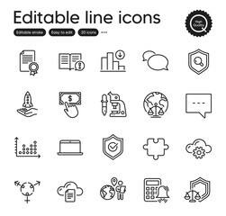 Set of Education outline icons. Contains icons as Puzzle, File storage and Messenger elements. Cloud computing, Approved shield, Microscope web signs. Blog, Genders, Payment click elements. Vector