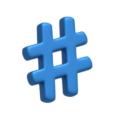 Obraz premium Blue network Hashtag icon sign media tag, trend communication and social follow symbol isolated on transparent background. 3D rendering.