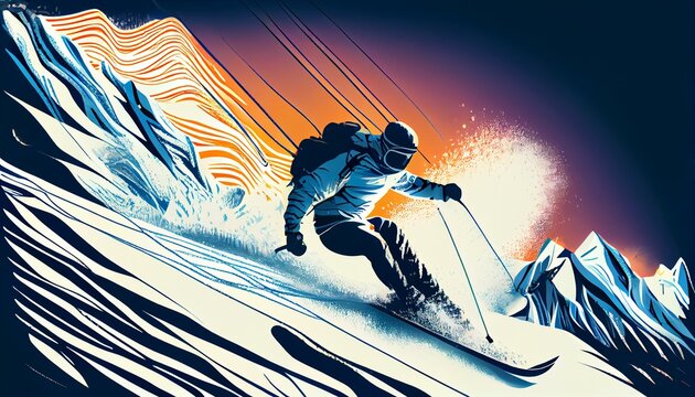 An illustration of a person skiing down a mountain slope, with a sense of speed and excitement AI Generated
