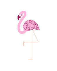 Pink flamingo pixel art isolated. 8 bit water bird with pale pink plumage pixelated
