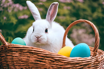 Easter eggs cute bunny. Funny decoration , colorful eggs ,straw basket, , the symbol of Easter .Generative AI	