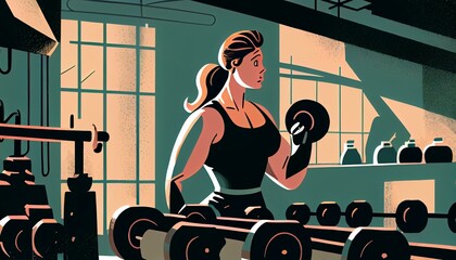 Fototapeta na wymiar An illustration of a person working out in a gym, with weights and equipment in the background AI Generated
