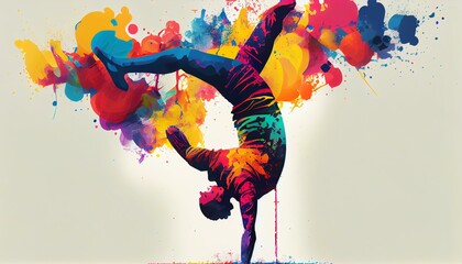 Fototapeta premium An abstract illustration of a person doing a handstand, with a colorful and dynamic energy AI Generated
