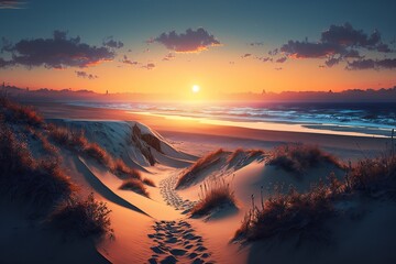 Sunset View over ocean from dune. Generative AI
